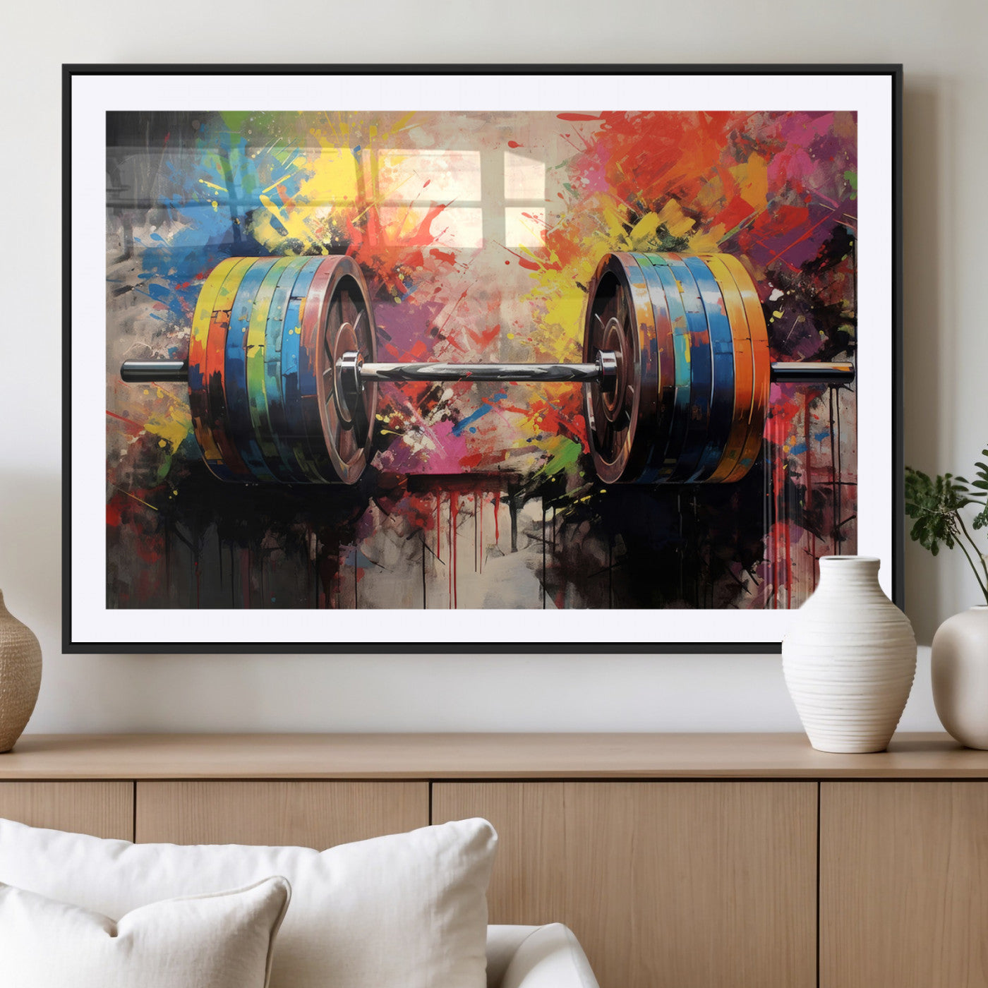 80436-MGV-CV-36X24-Weightlifting Barbell Art Triptych, Bold Abstract Fitness Wall Decor for Gym or Home, Giclee Canvas