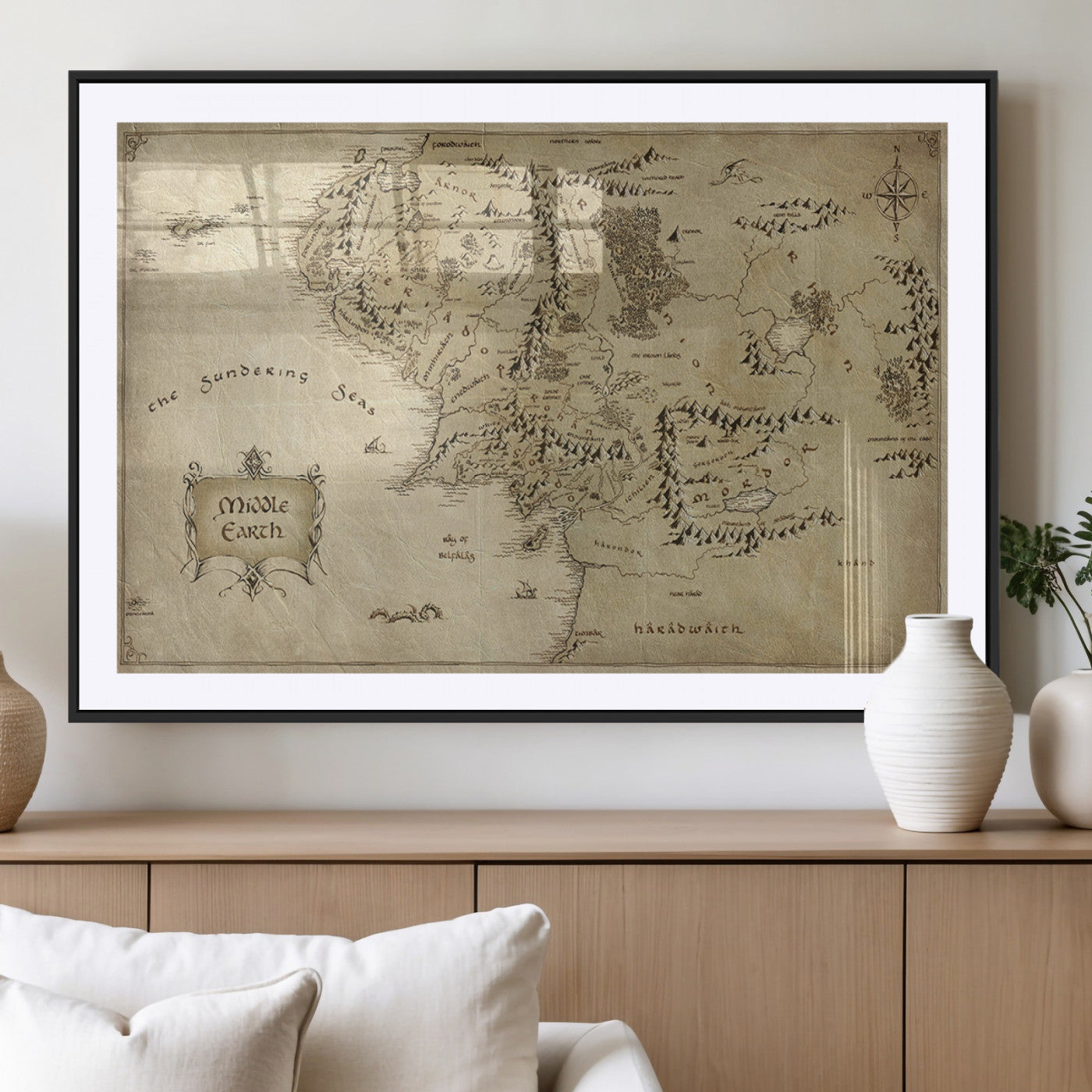 21784-MGV-CV-36X24-Vintage Middle Earth Map Wall Art Canvas – Lord of the Rings Inspired Framed Map Print, Classic Fantasy Decor for Home, Office