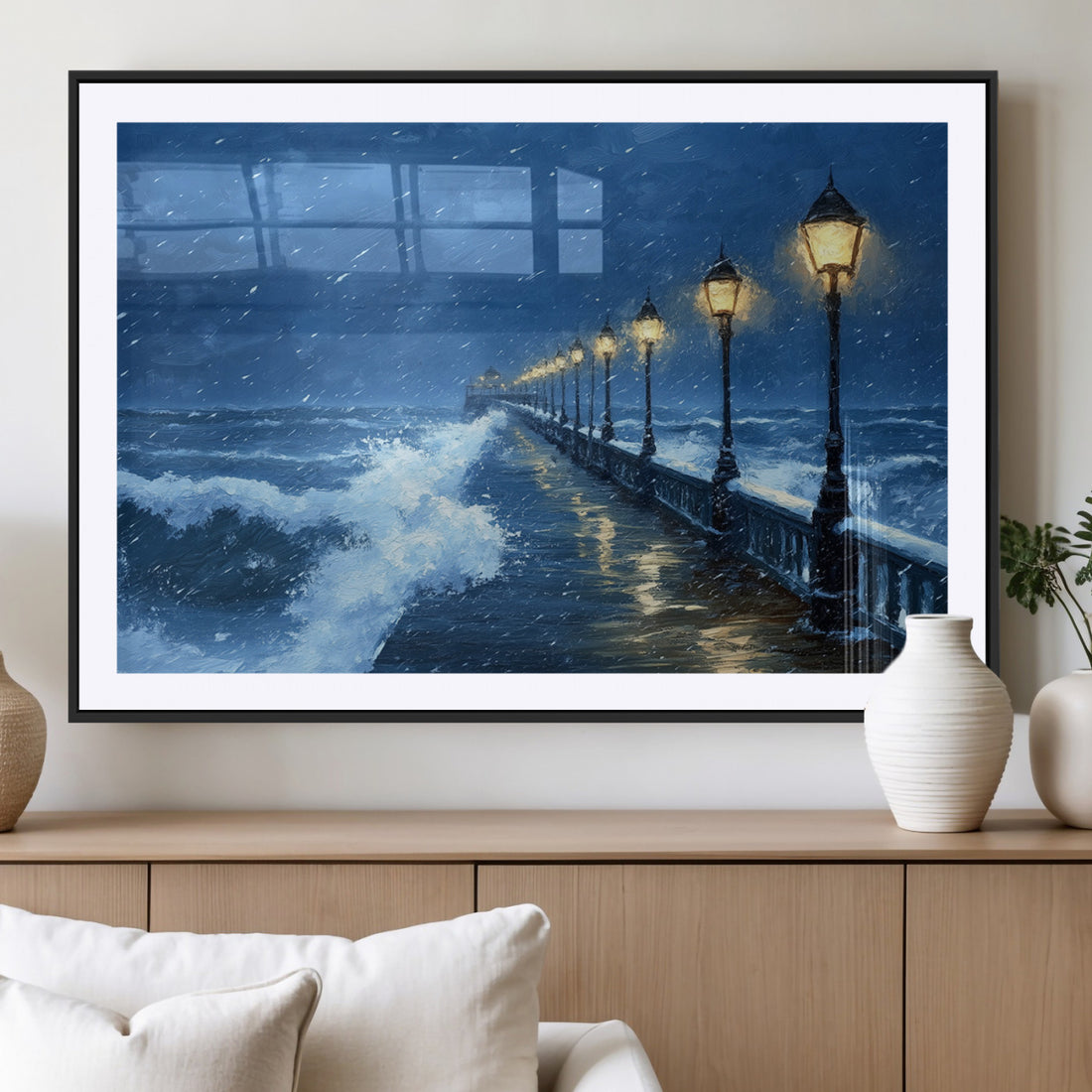 Stormy Ocean Pier Lights Canvas Wall Art Print, Large Moody Night Scene, Modern Seaside Decor