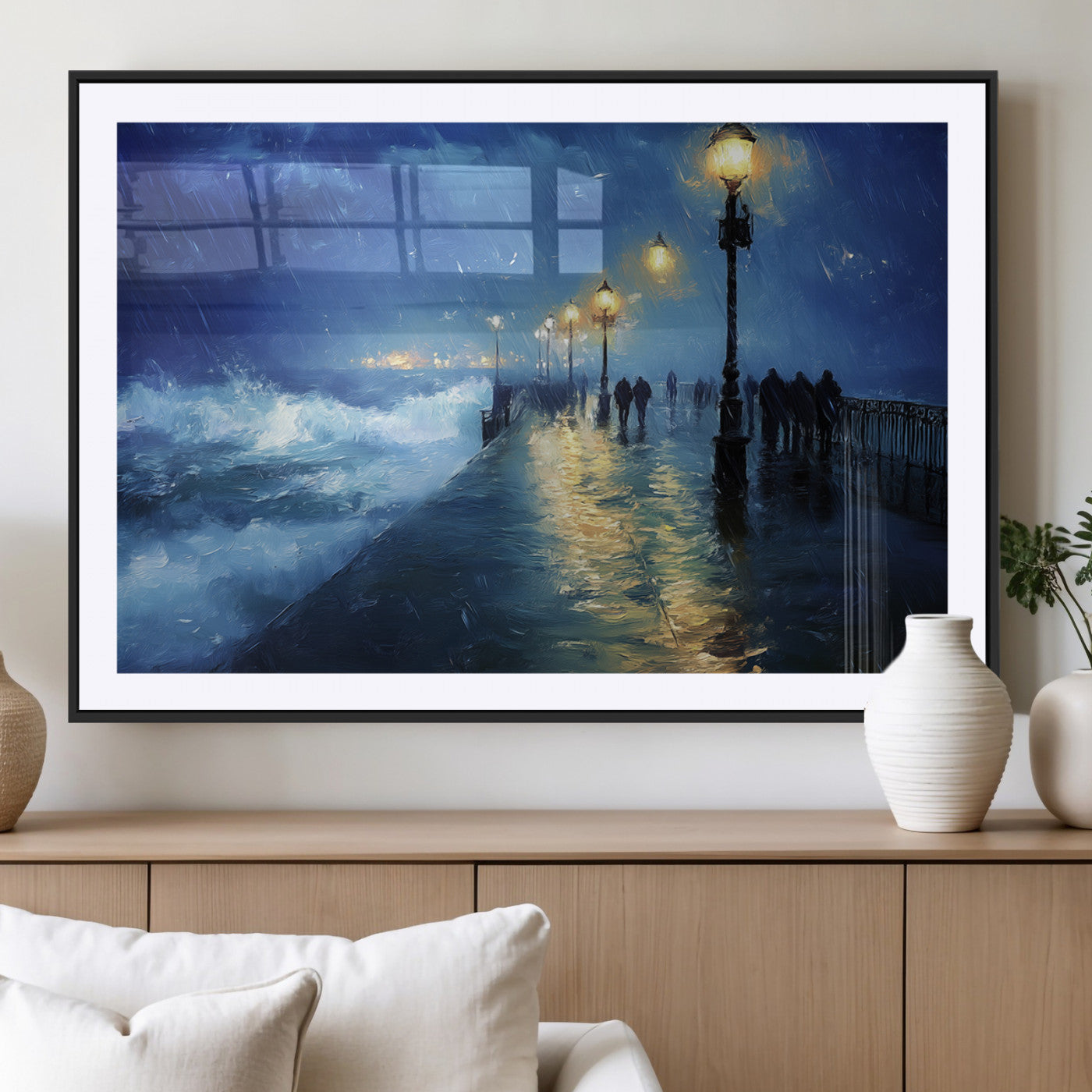 94571-MGV-CV-36X24-Storm Ocean Pier Canvas Wall Art Print - Large Moody Night Scene Print, Seaside Wall Decor