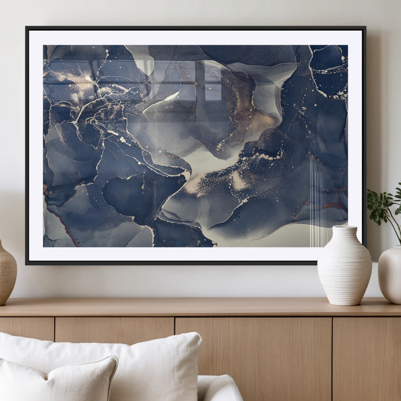 28282-MGV-CV-36X24-Large Abstract Blue and Gold Canvas Wall Art | Fluid Ink Artwork Print | Luxury Wall Decor for