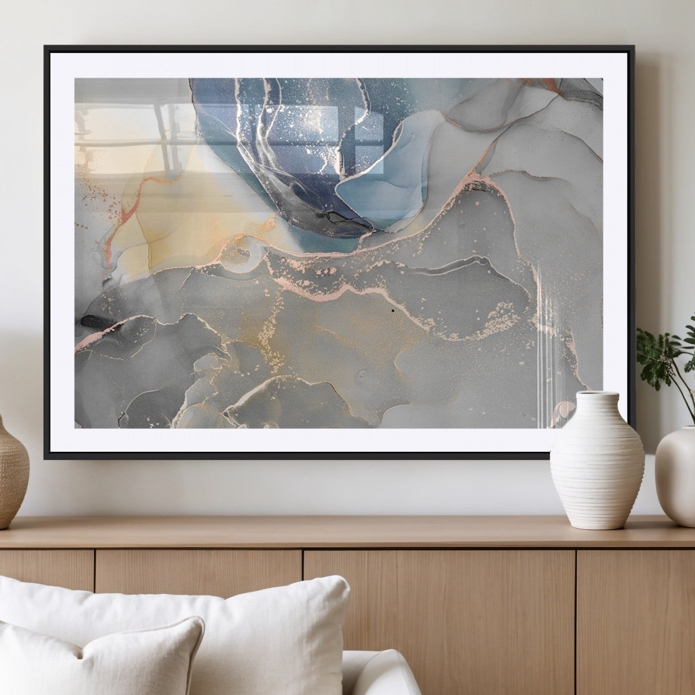 18176-MGV-CV-36X24-Large Abstract Blue and Gold Canvas Wall Art | Fluid Ink Artwork Print | Luxury Wall Decor for