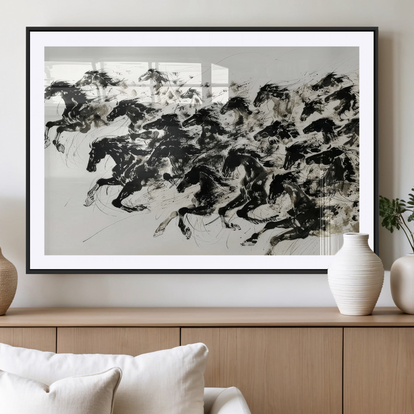 23069-MGV-CV-36X24-Abstract Horse Wall Art Canvas Print - Dynamic Black Ink Horse Print - Modern Equine Wall Decor for