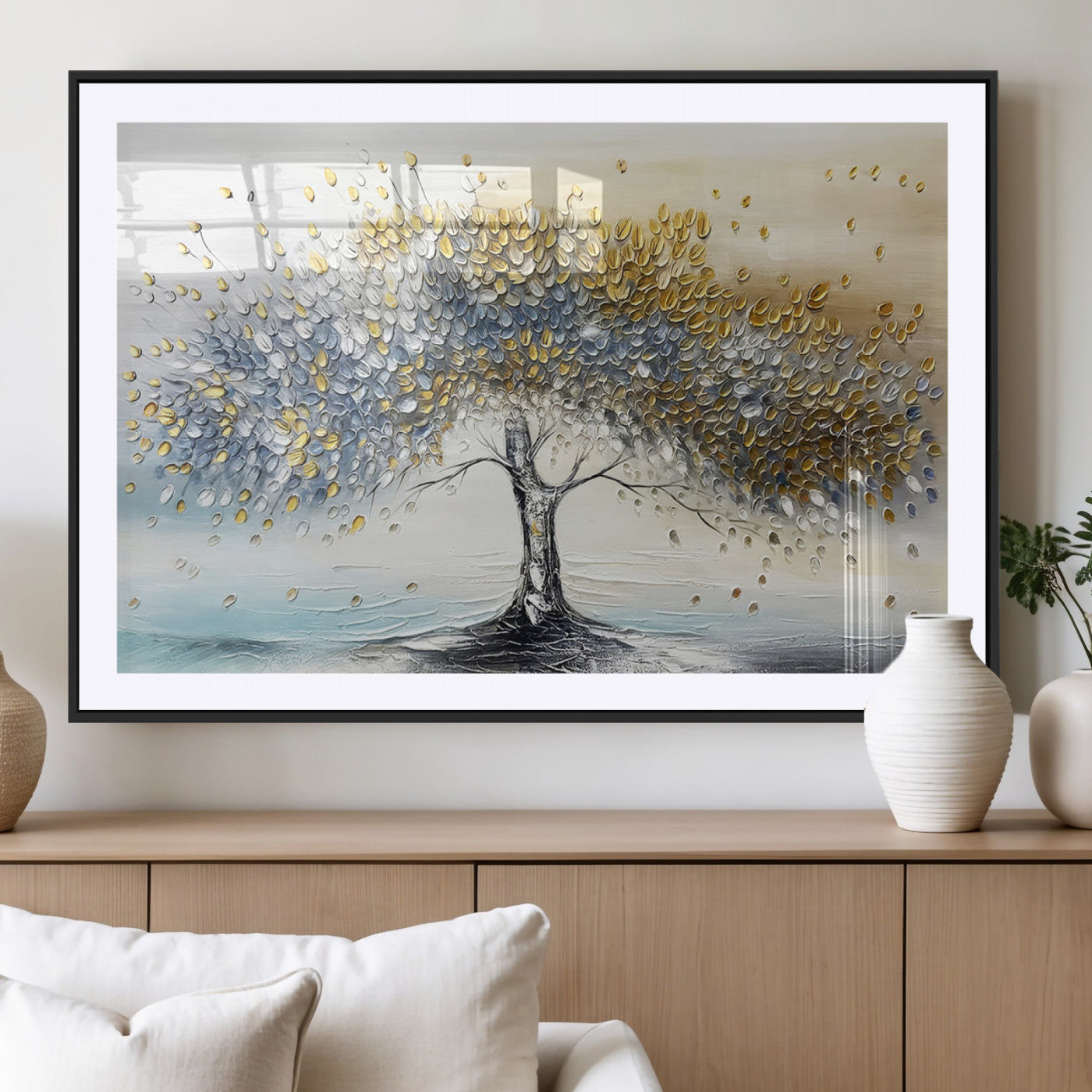 MGC-FP-36x24 - Golden & Silver Tree of Life Wall Art – Canvas Print with Whimsical Leaves Elegant Nature Design, Decorative Home, Office or Guest Room Decor