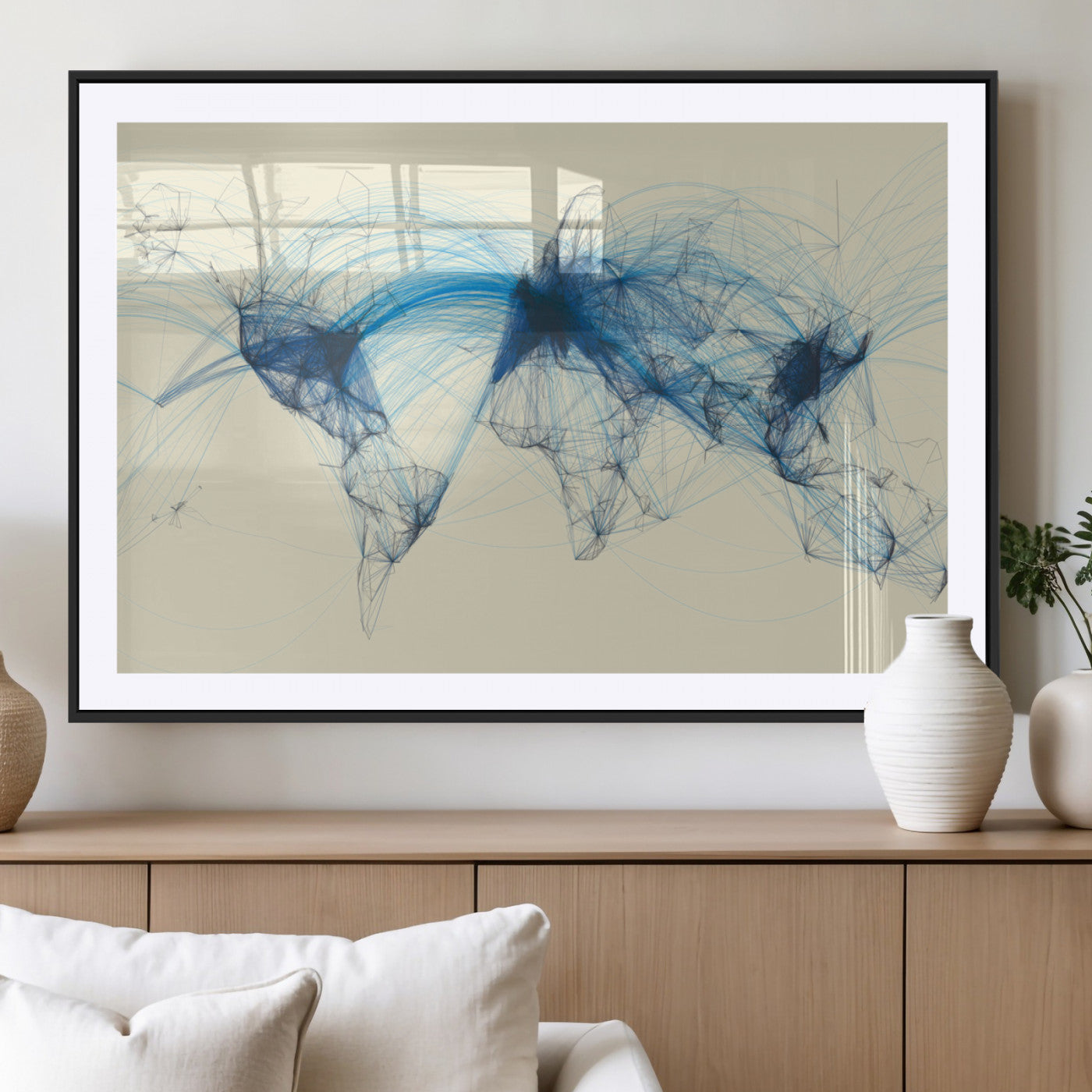 Map-Blue-Contract-MGV-CV-36X24-Flight Routes Map Art – Modern Air Traffic World Map Canvas Print with Blue Connections, Framed Wall Art for Office or Home Decor
