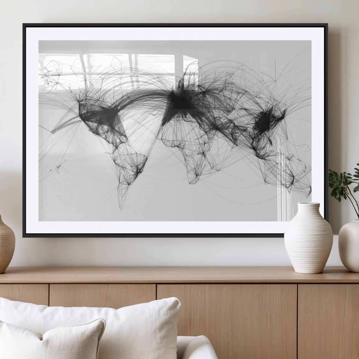 Black-Flight-Routes-MGV-CV-36X24-Flight Routes Air Traffic Map Canvas Wall Art - Framed - Ready to Hang