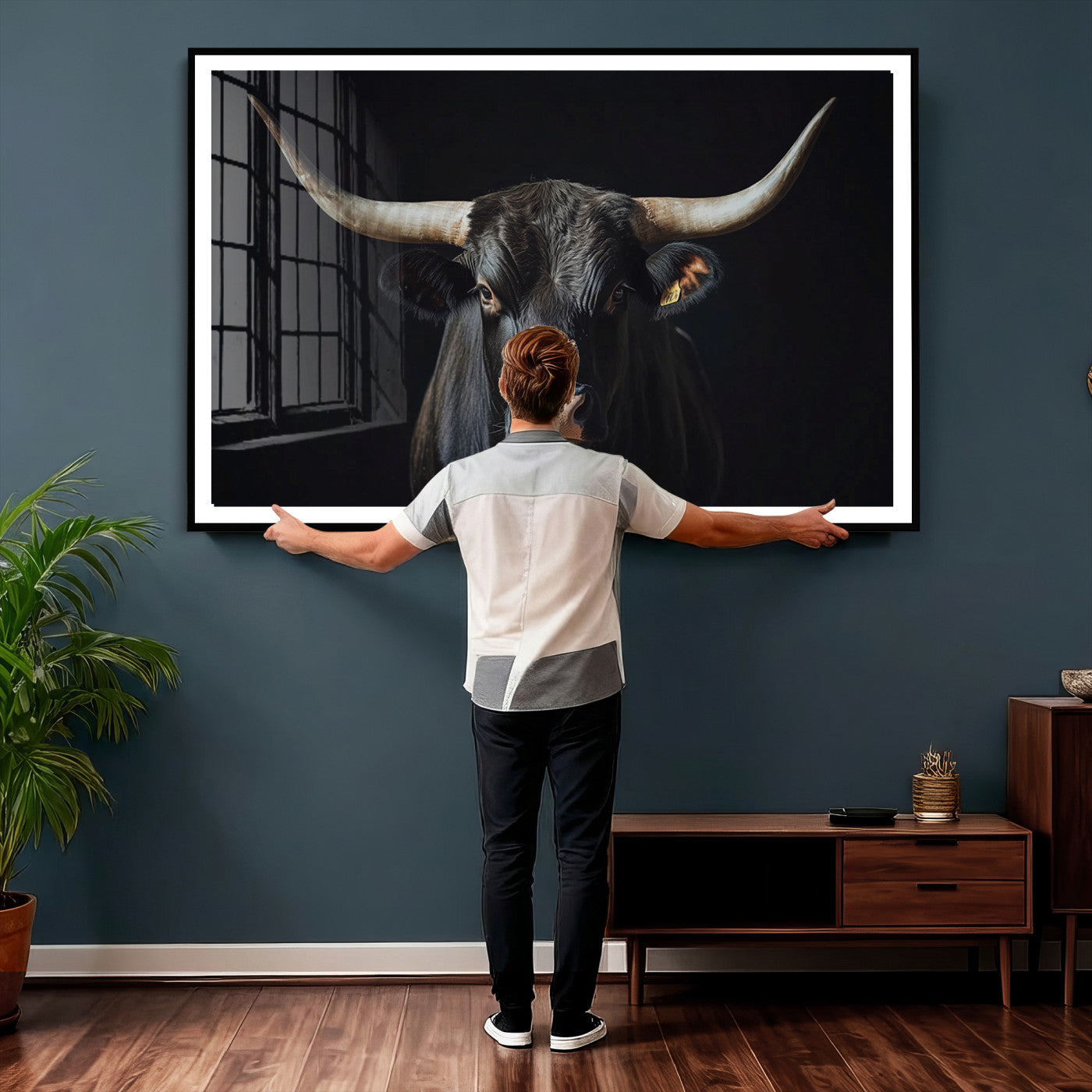 48065167-MGV-CV-36X24 - Texas Longhorn Bull Wall Art Canvas Print – Western Black Bull Art Print for Farmhouse Ranch Decor