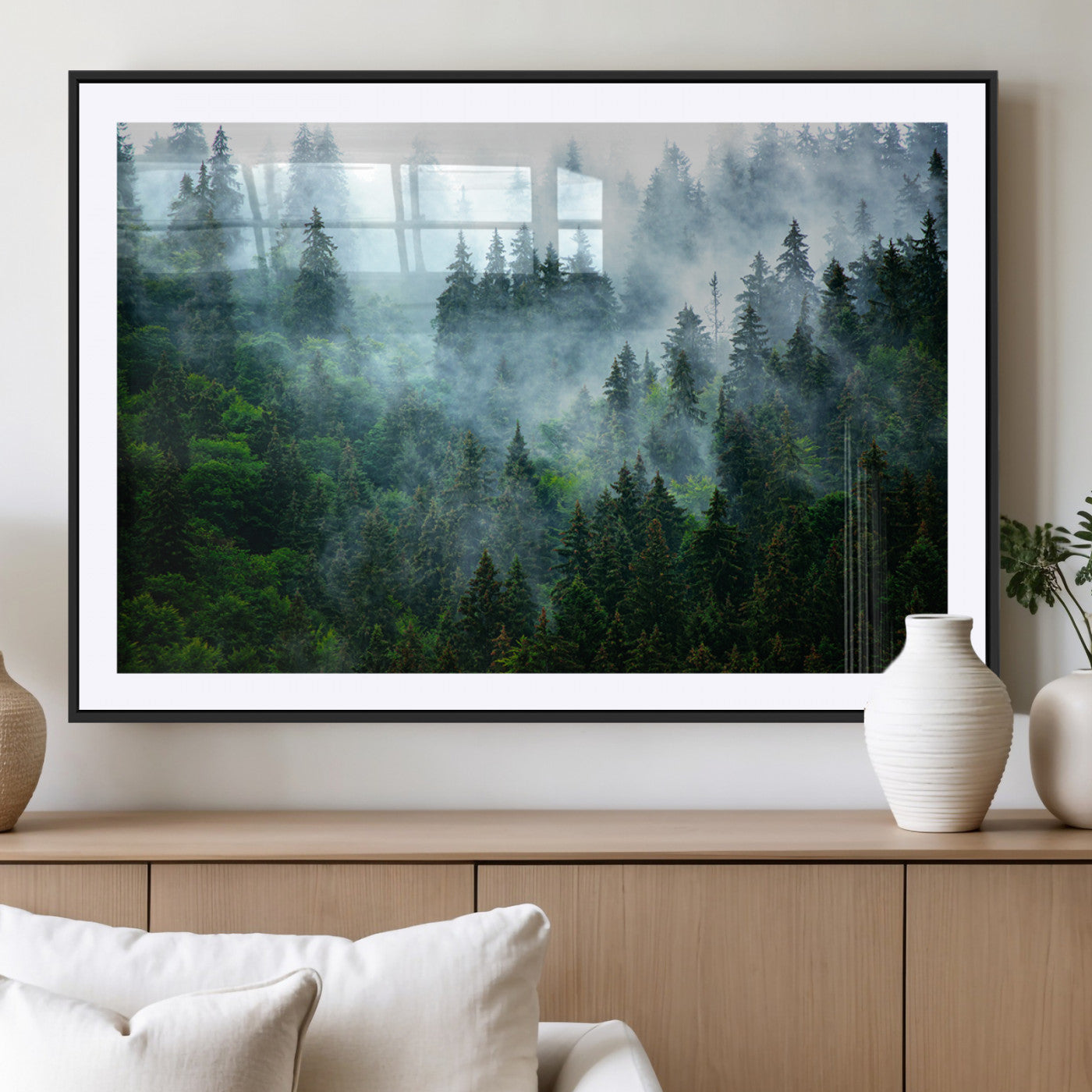 17393683-MGV-CV-36X24-Misty Forest Wall Art Canvas Print – Framed Foggy Mountain Scene with Serene Nature Artwork for Home, Office, Living Room