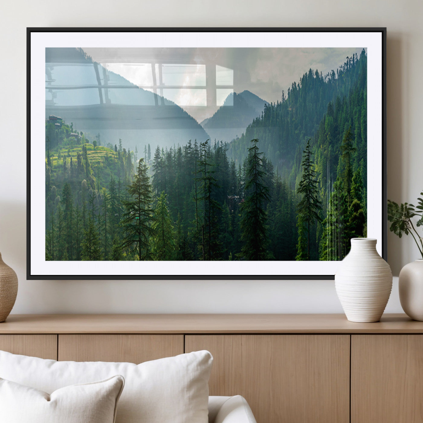 83417191-MGV-CV-36X24-Misty Forest Mountain Wall Art Canvas Print – Framed Serene Nature Scene with Tranquil Valley Artwork for Home, Office
