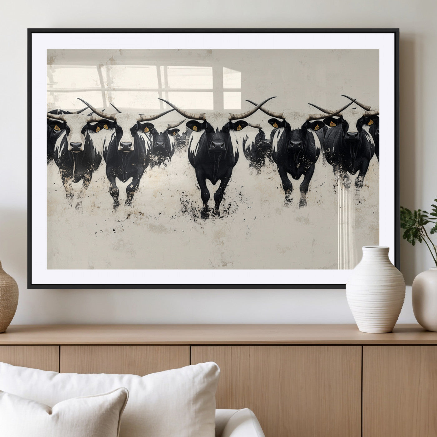 MGC-FP-36x24 - Longhorn Cattle Wall Art – Canvas Print of Herd in Motion, Symmetry and Ink Splatter, Minimalist Western Ranch, Bold Rustic Farm Decor
