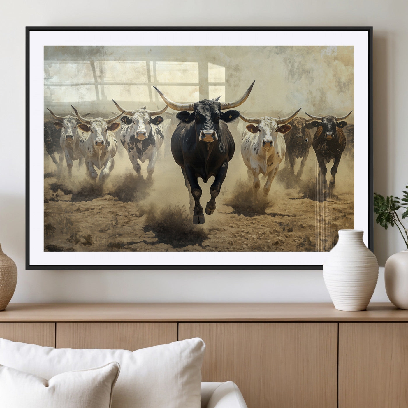 MGC-FP-36x24 - Running Cattle Wall Art – Canvas Print of Western Herd, Dust Stampede, Longhorns, Wild West Ranch, Bold Rustic Farm Decor for Home or Office