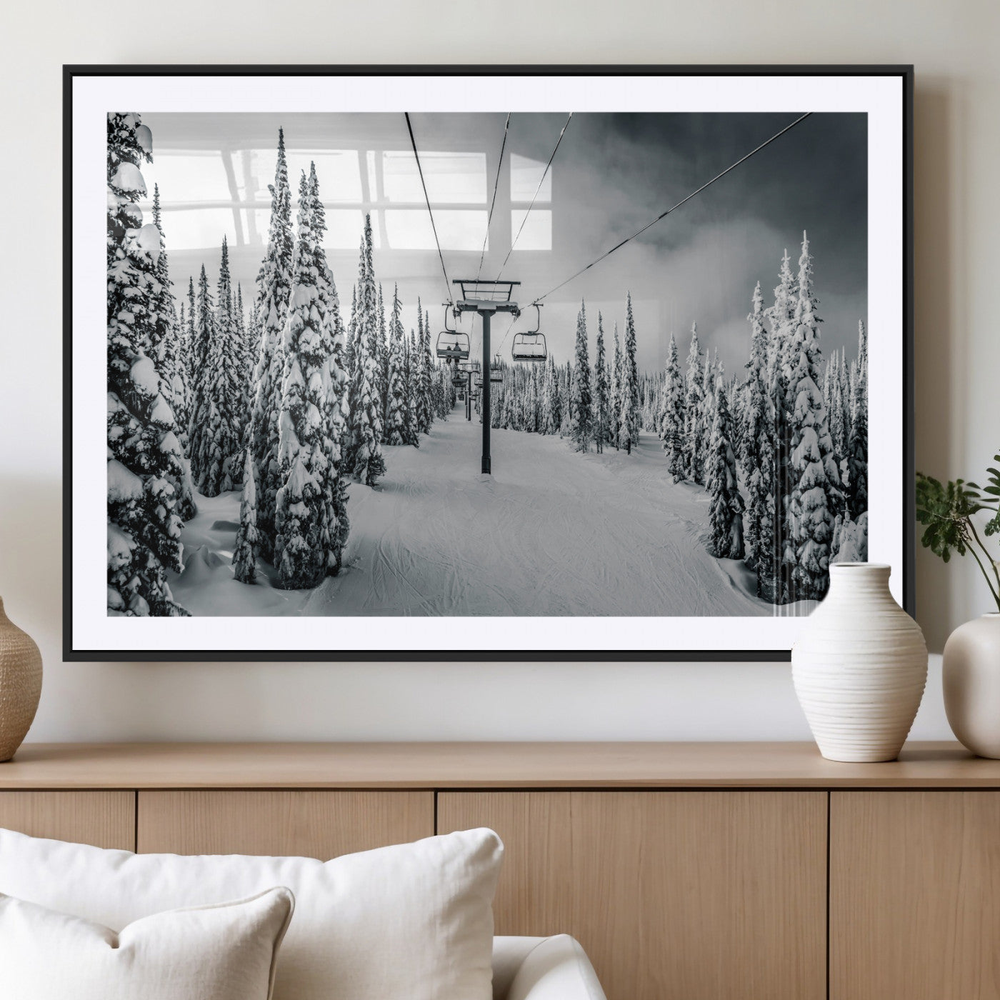 31156828-MGV-CV-36X24-Snowy Pines Wall Art Canvas Print – Framed Ski Lift Winter Forest Snowy Landscape Moody Lodge Artwork for Home, Office