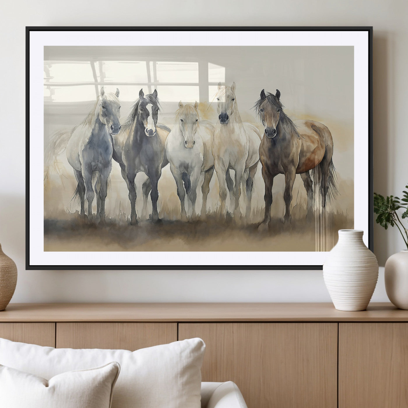 MGC-FP-36x24 - Wild Horses Wall Art Canvas Print, Framed Running Horses Art Picture Print, Watercolor Horses Perfect Rustic Western Decor Artwork