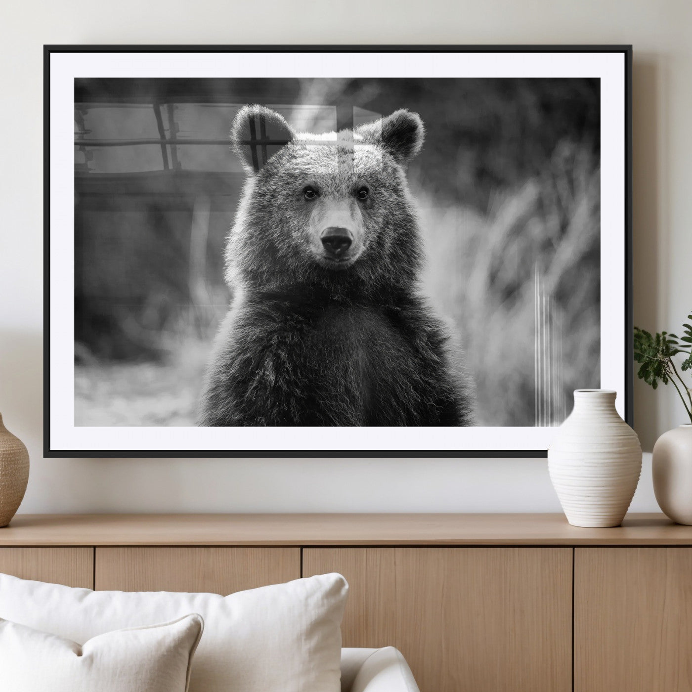 55656803-MGC-FP-36x24_Black-Grizzly Bear Wall Art Canvas Print – Framed Black White Wildlife Rustic Nature Artwork for Home, Office Decor