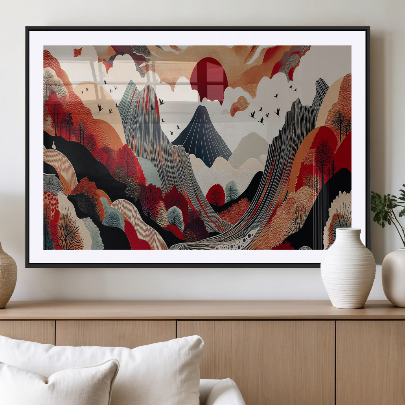 49034575-MGV-CV-36X24-Abstract Mountain Wall Art Canvas Print – Vibrant Stylized Landscape Colorful Peaks Nature Artwork for Home Office