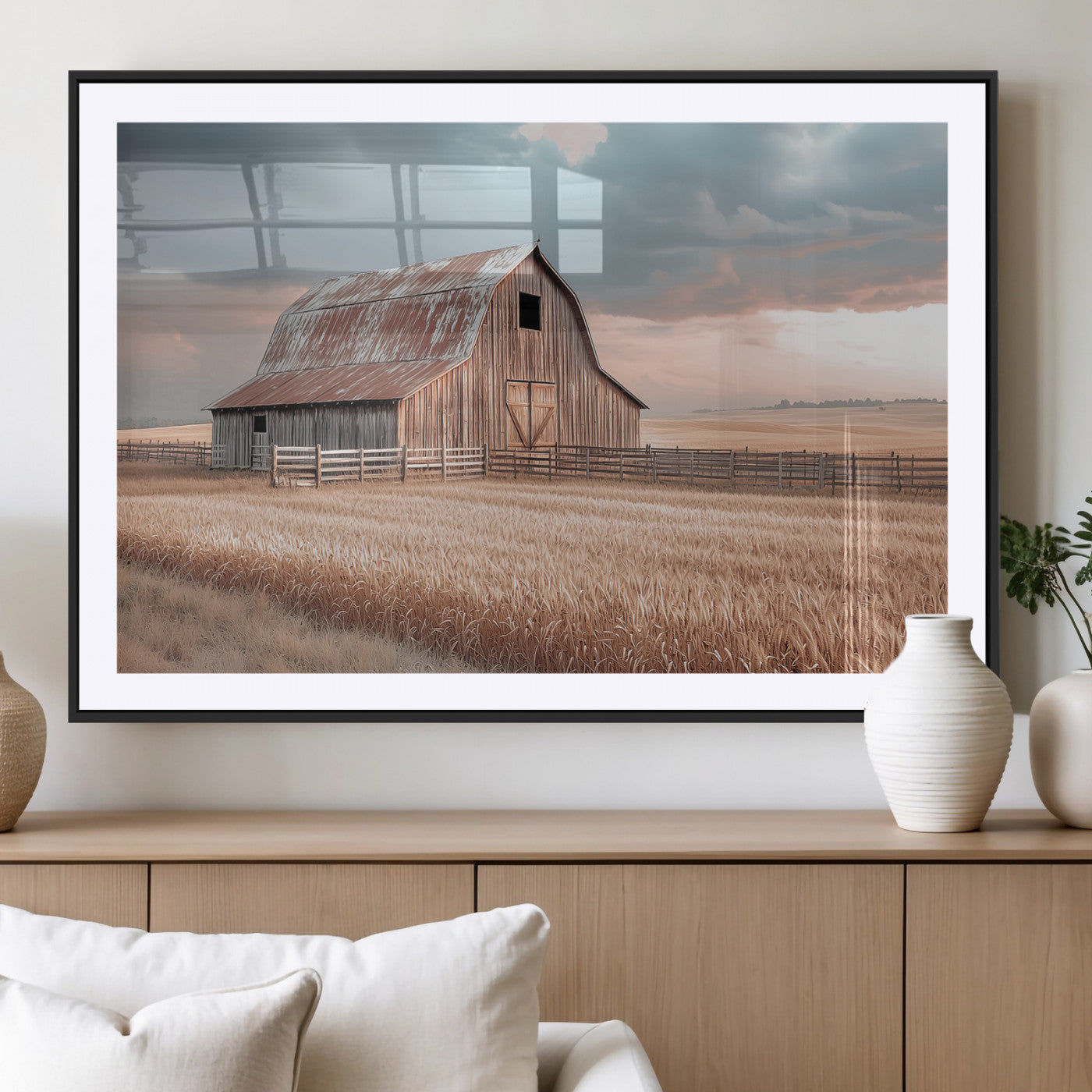 36878364-MGV-CV-36X24-Rustic Barn Wall Art Canvas Print – Framed Wheat Field Scene with Sunset Barn Artwork for Home, Office, Living Room