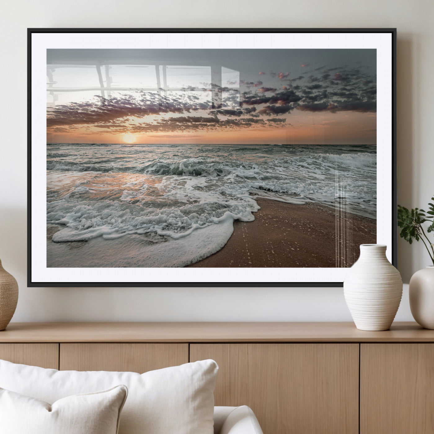 40632752-MGV-CV-36X24-Ocean Sunset Wall Art Canvas Print – Framed Beach Waves Scene with Coastal Artwork for Home, Office, Living Room