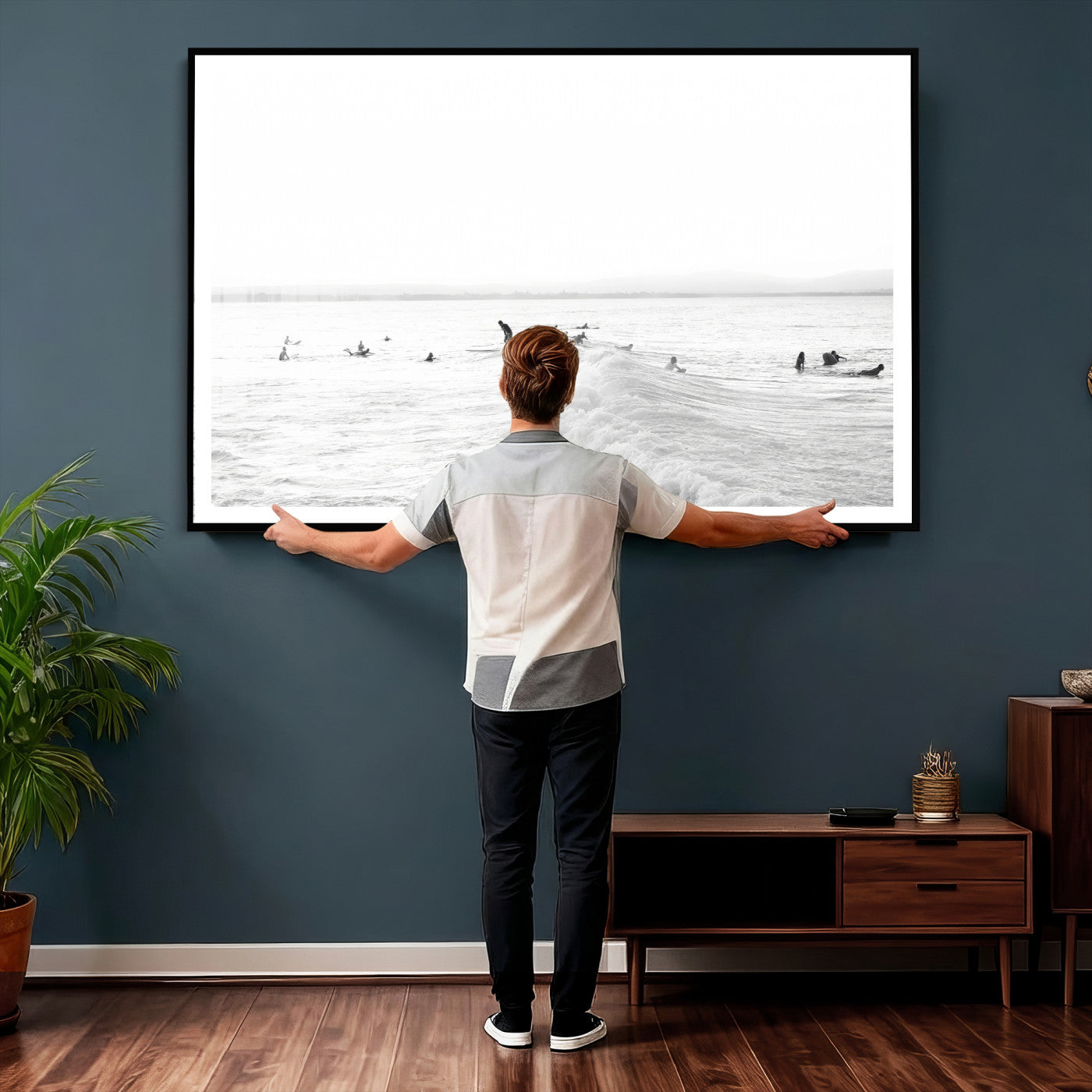 33449548-MGV-CV-36X24 - Surf Crowd Motion Wall Art – Active Surfers & Ocean Waves Canvas Print, Dynamic Water and Coastal Horizon for Living Room or Sea Adventure Decor