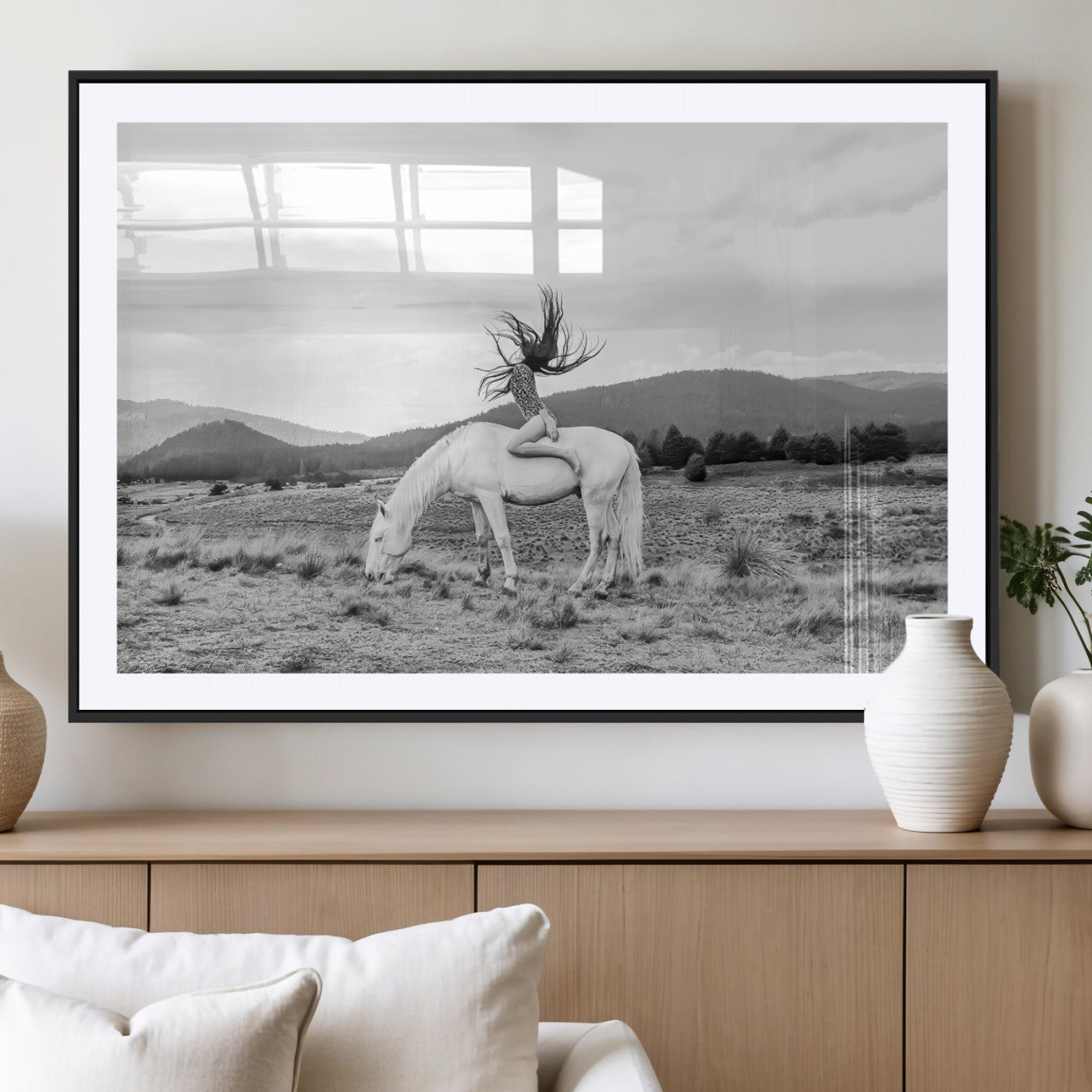 62789800-MGV-CV-36X24-White Horse Wall Art Canvas Print – Framed Woman Rider Equestrian Pose Western Boho Elegant Artwork for Home Office