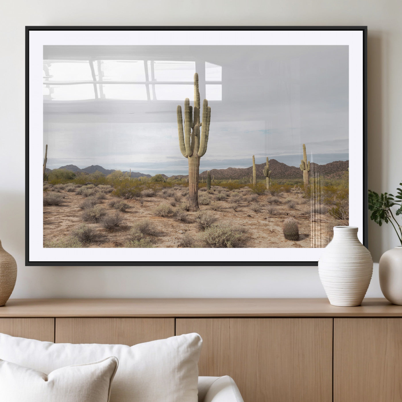 MGC-FP-36x24 - Saguaro Cactus Wall Art Canvas Print, Framed Desert Cactus Art Picture Print, Earthy Desert Perfect Southwestern Boho Decor Artwork