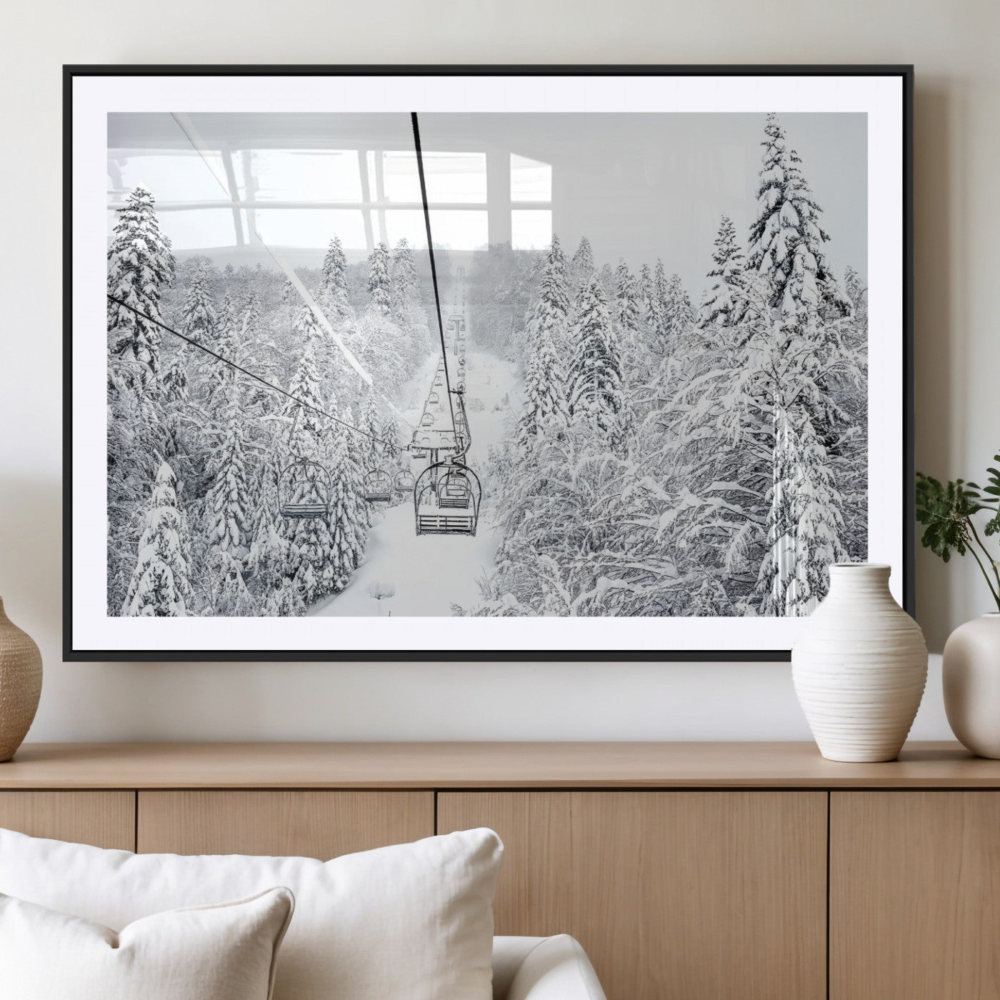 44705668-MGV-CV-36X24-Snowy Ski Lift Wall Art – Framed Winter Mountain Canvas Artwork, Serene Forest Design, Modern Nature Decor for Home, Office