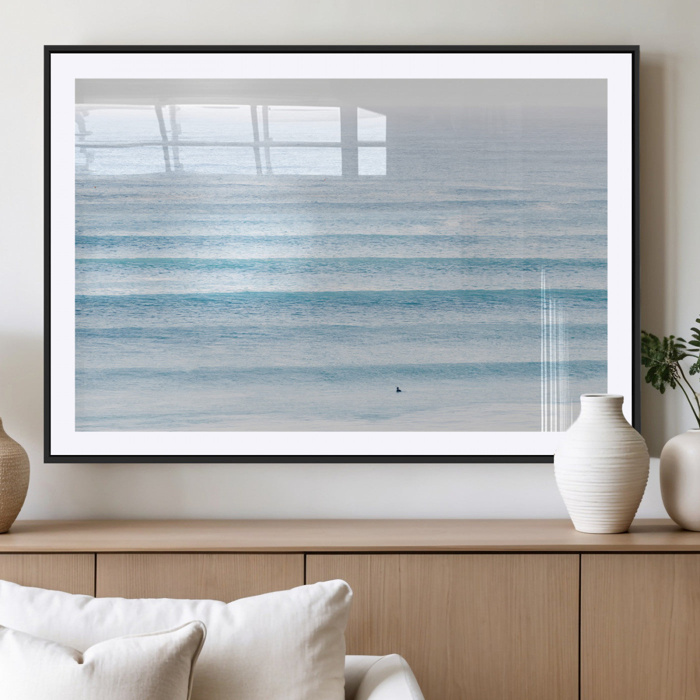 77145995-MGV-CV-36X24-Ocean Wave Surfer Wall Art – Framed Minimal Seascape Canvas Artwork, Calm Blue Water Design, Coastal Decor for Home, Office