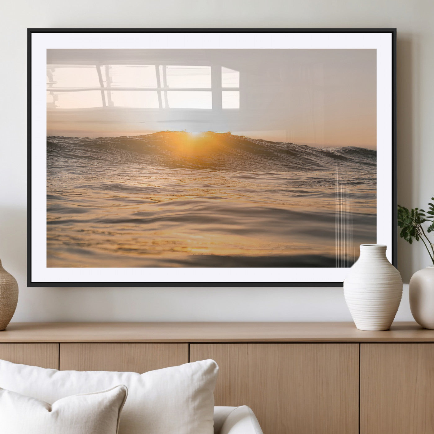 16973771-MGV-CV-36X24-Calm Water Wall Art – Framed Sunset Waves Canvas Artwork, Coastal Warm Design, Minimal Ocean Decor for Home, Office