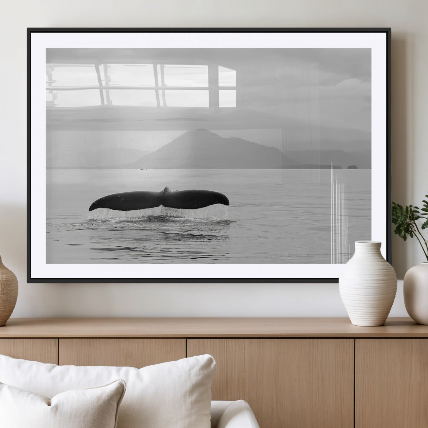 MGC-FP-36x24 - Whale Tail Wall Art Canvas Print, Framed Black White Ocean Art Picture Print, Calm Marine Perfect Minimalist Coastal Decor Artwork