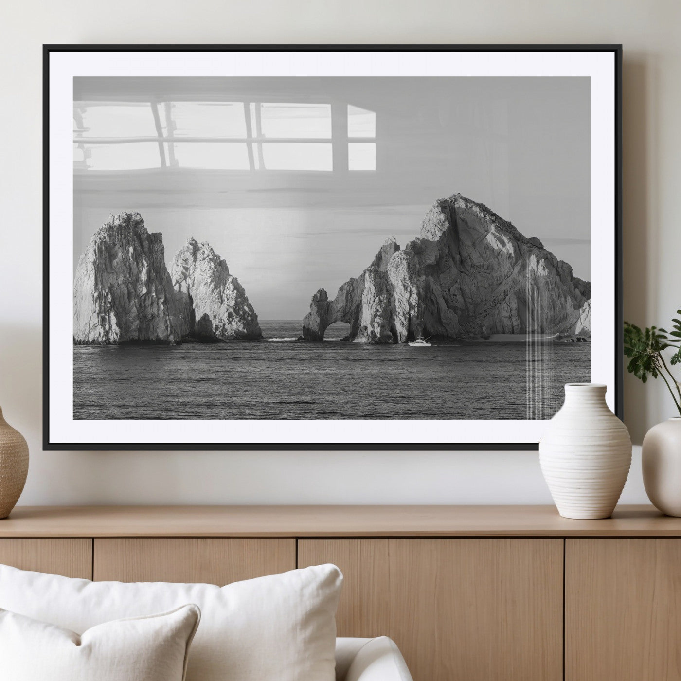 MGC-FP-36x24 - Rugged Coastline Wall Art Canvas Print, Framed Ocean Cliffs Art Picture Print, Monochrome Seascape Perfect Coastal Minimalist Decor Artwork