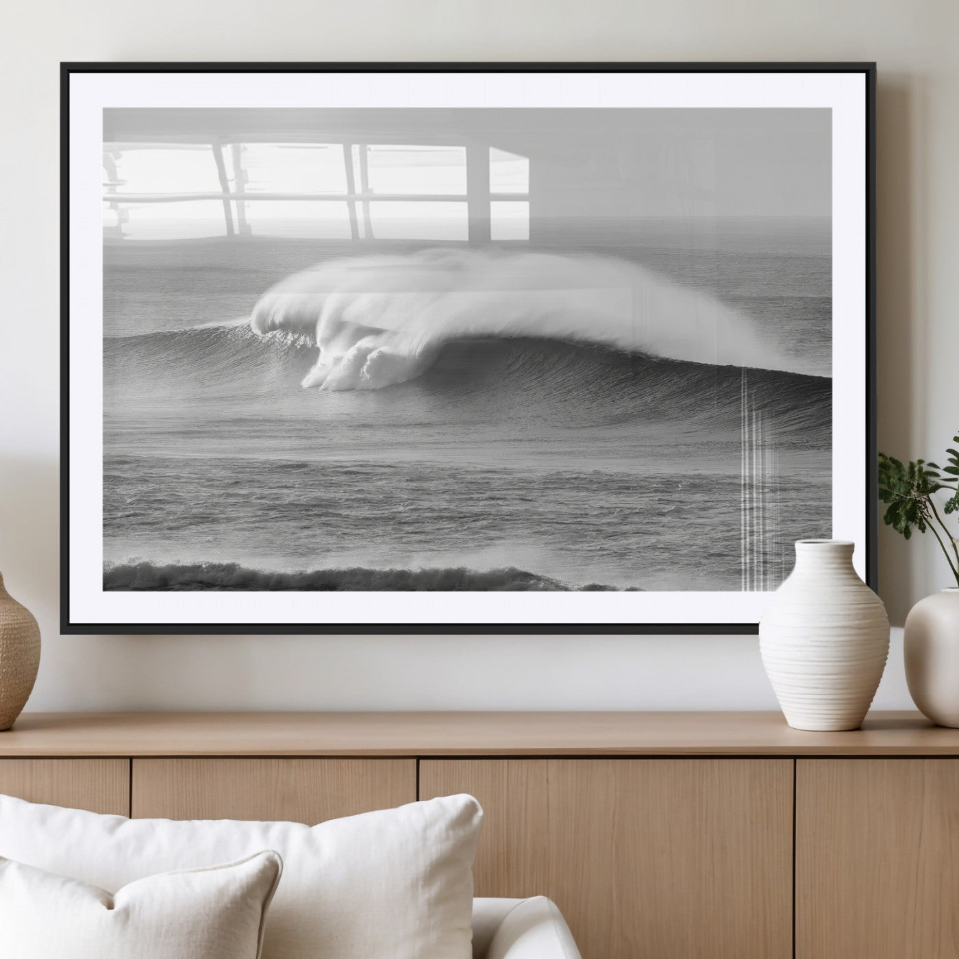 42544082-MGC-FP-36x24_Black-Monochrome Seascape Wall Art Canvas Print – Framed Surf Wave Scene with Minimalist Ocean Artwork for Home, Office