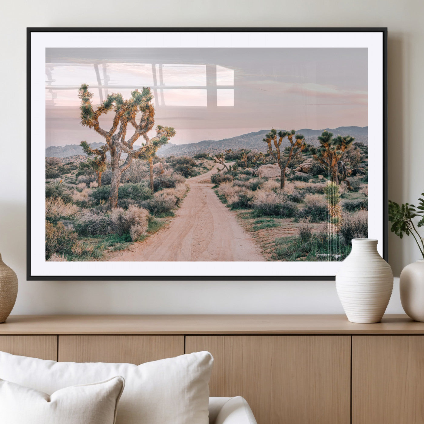 12540952-MGC-FP-36x24_Black-Joshua Tree Wall Art Canvas Print – Framed Desert Road Scene with Sunset Artwork for Home, Office, Living Room