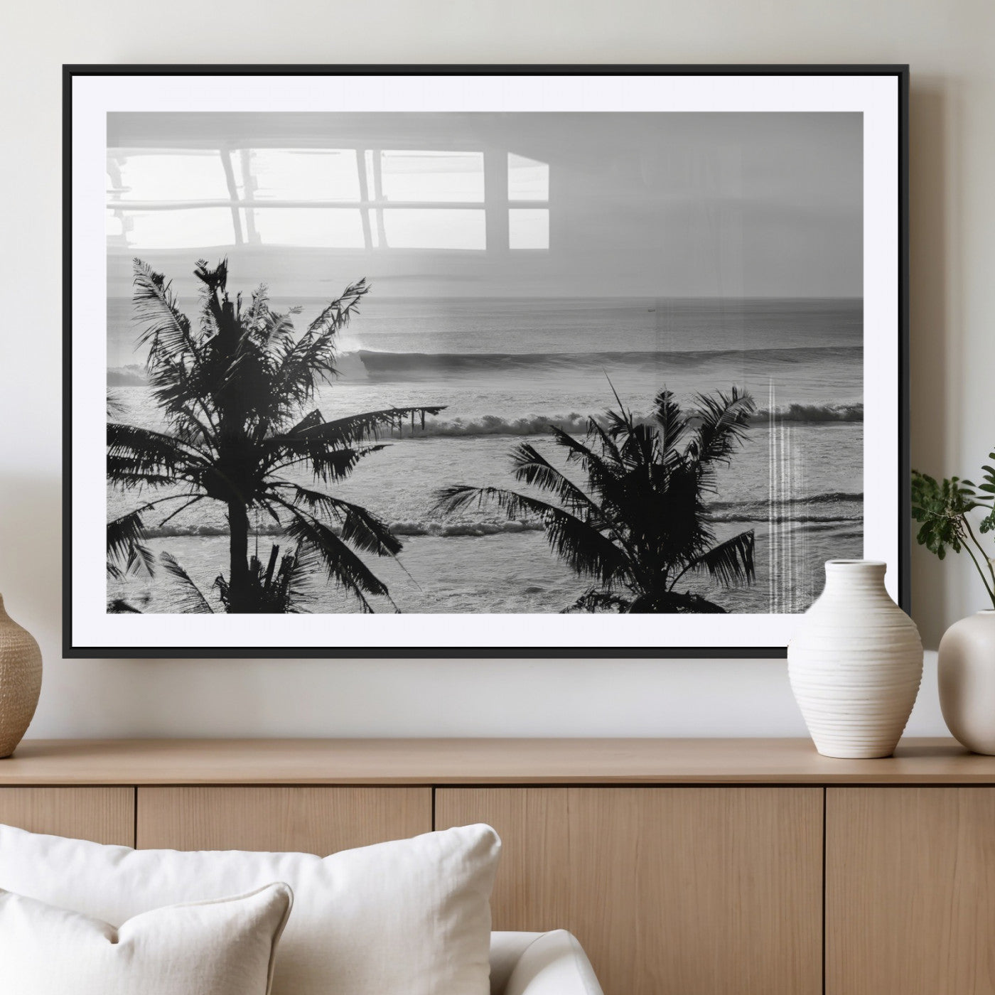 17508038-MGV-CV-36X24-Tropical Coastline Wall Art Canvas Print – Framed Palm Trees Scene with Ocean Waves Artwork for Home, Office