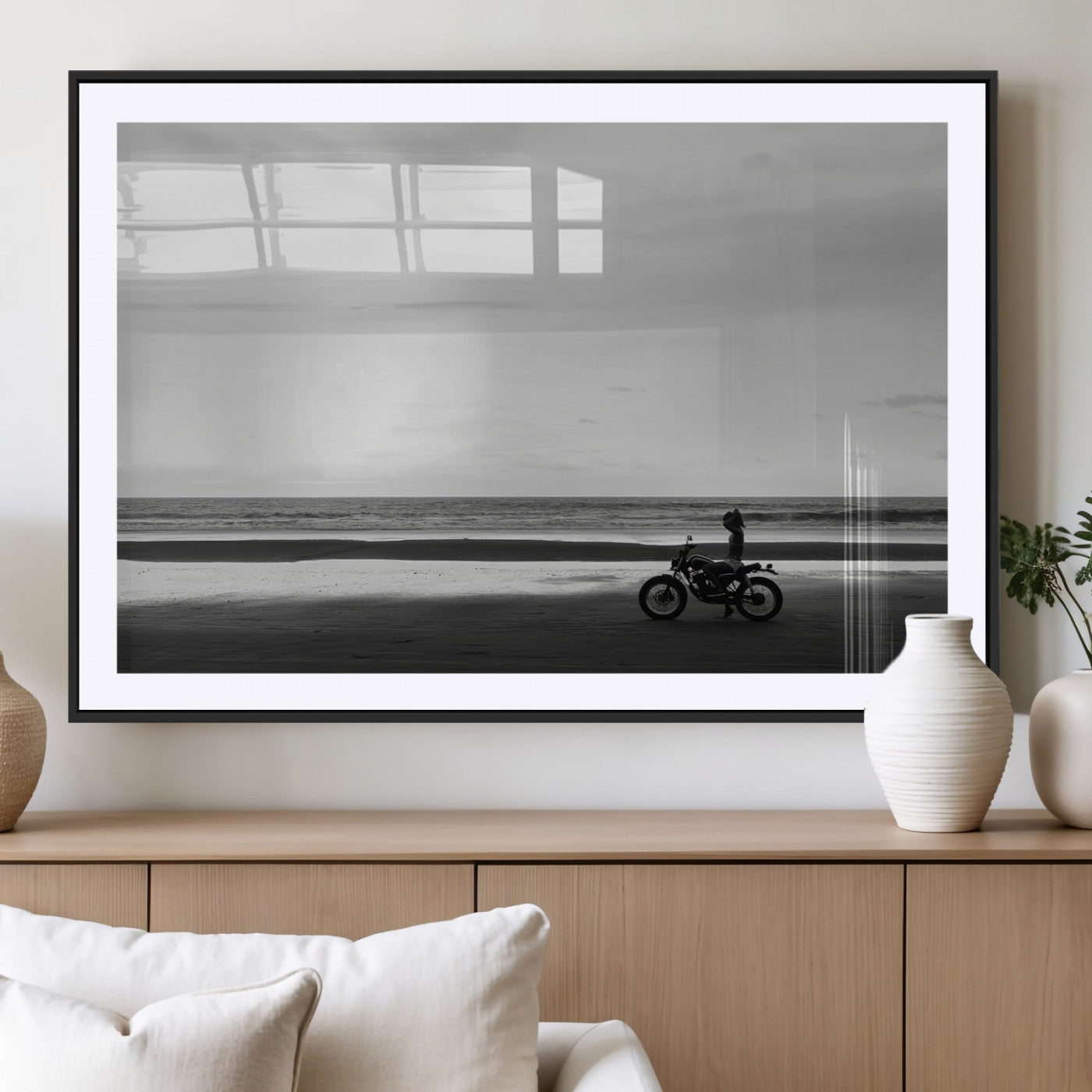 84739358-MGC-FP-36x24_Black-Motorcycle Beach Wall Art Canvas Print – Framed Vintage Motorcycle Scene with Biker Silhouette Artwork for Home, Office