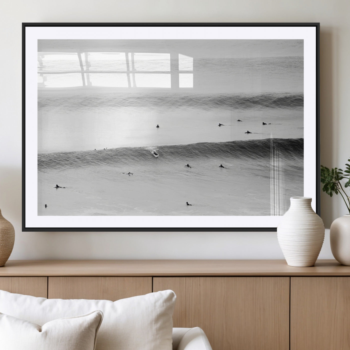 54291445-MGC-FP-36x24_Black-Black White Ocean Wall Art Canvas Print – Framed Coastal Sport Scene with Ocean Culture Artwork for Home, Office