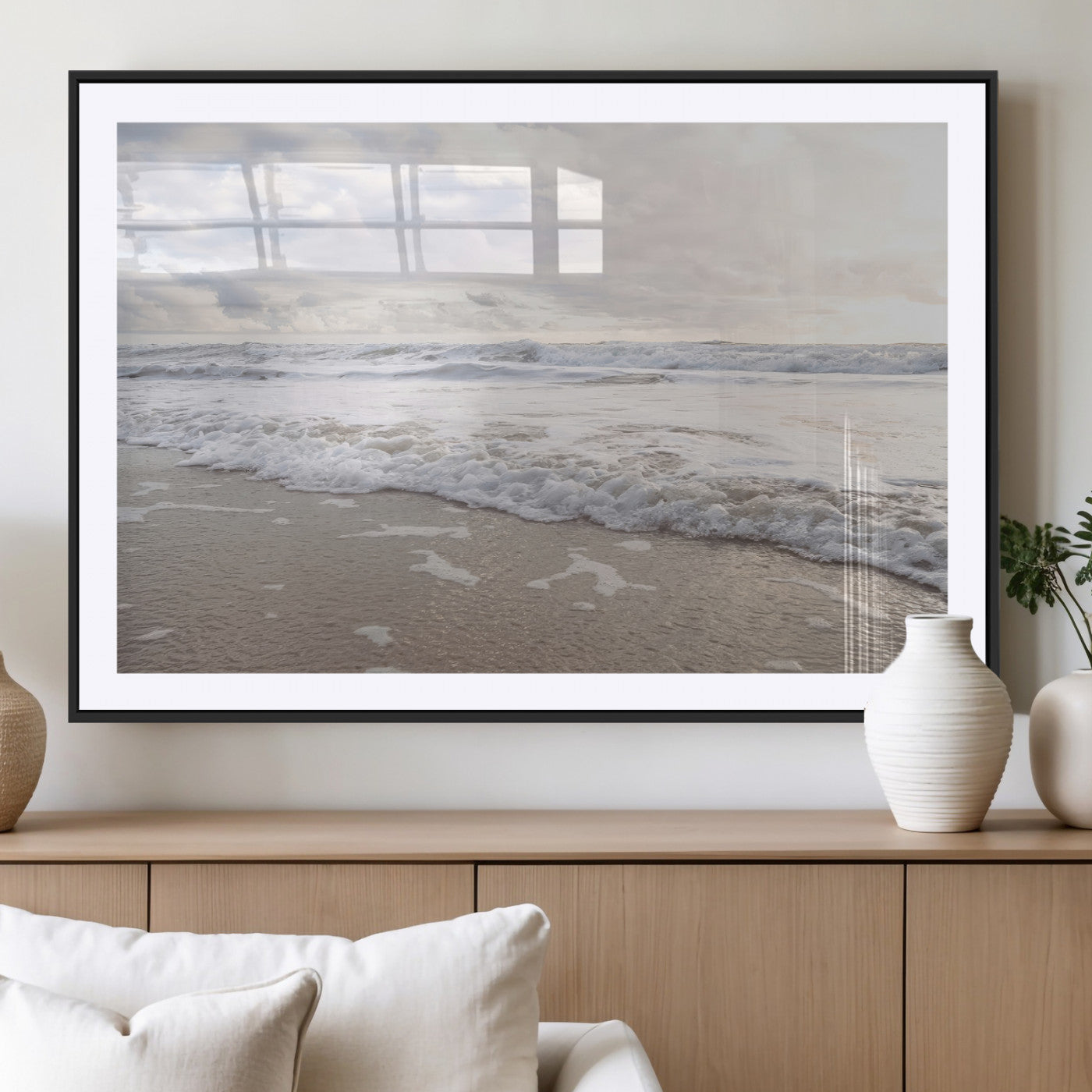 70596264-MGC-FP-36x24_Black-Ocean Waves Wall Art Canvas Print – Framed Coastal Shoreline Scene with Sea Foam Artwork for Home, Office
