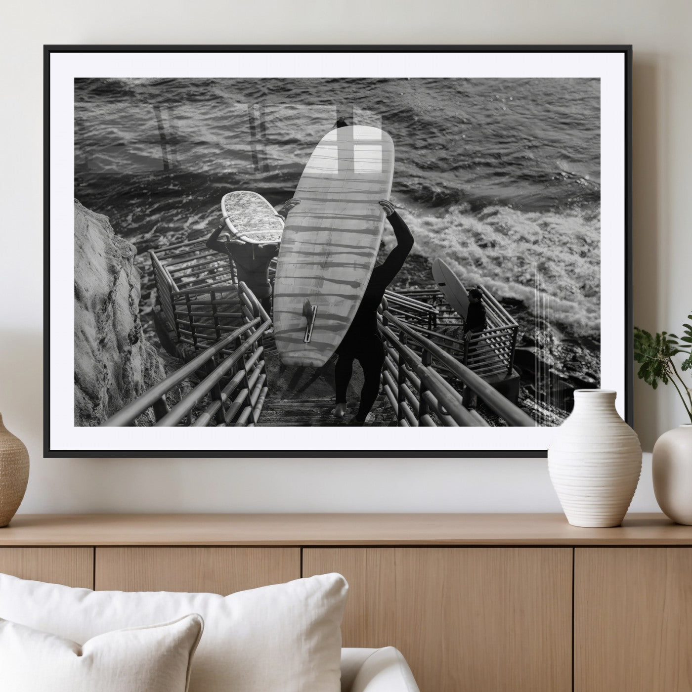 32353707-MGC-FP-36x24_Black-Black and White Surfing Wall Art Canvas Print – Framed Coastal Wave Riders Adventure Artwork for Home, Office