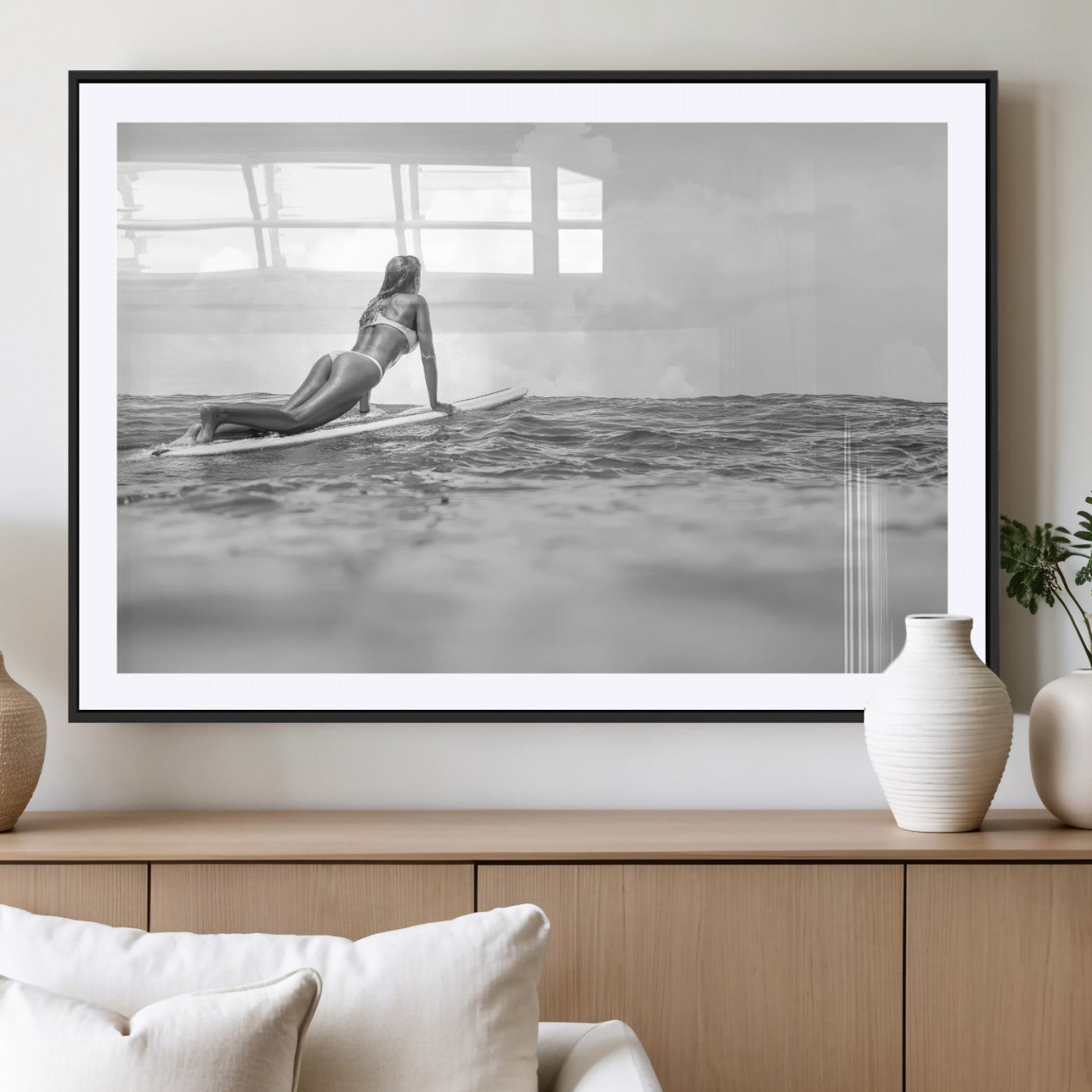 69798068-MGV-CV-36X24-Black and White Surfing Wall Art Canvas Print – Framed Ocean Horizon with Surfer Girl Coastal Adventure Artwork for Home, Office