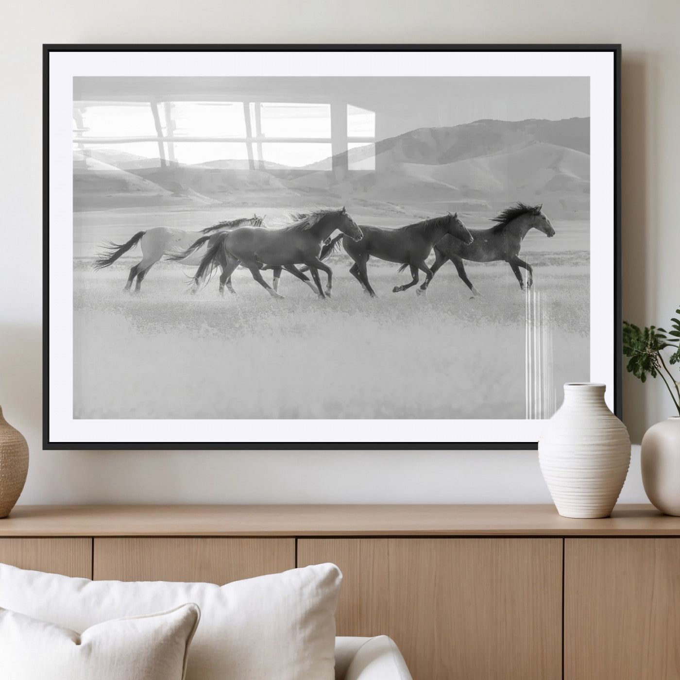 MGC-FP-36x24 - Wild Horses Wall Art – Black & White Canvas Print of Herd Running, Nature in Motion, Freedom & Beauty Decor for Guest Room, Office or Living Room