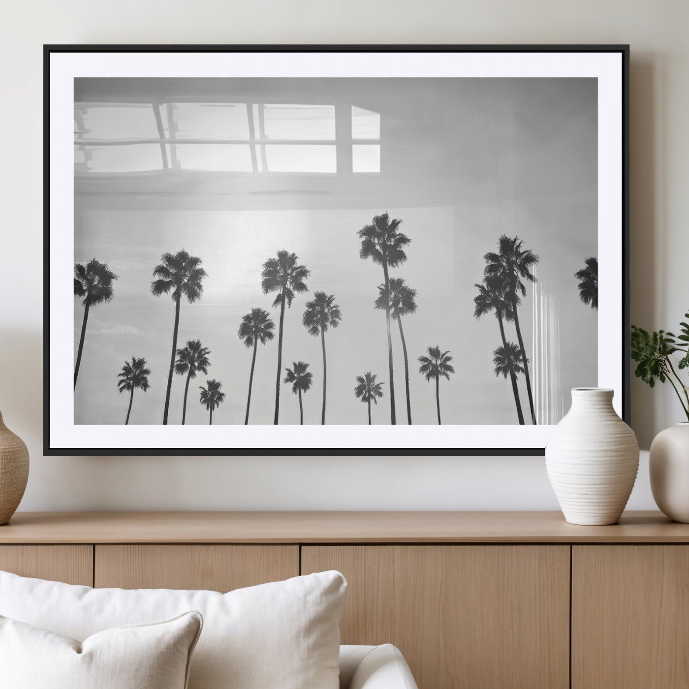 62298277-MGV-CV-36X24-Monochrome Palms Wall Art Canvas Print – Framed Minimalist Silhouetted Trees Artwork for Home, Office, Living Room