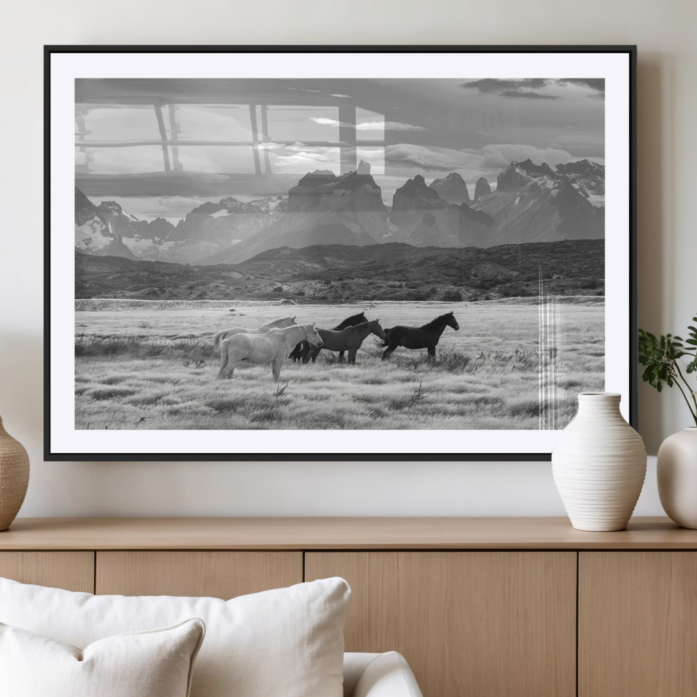 MGC-FP-36x24 - Wild Horses Wall Art Canvas Print, Framed Black White Mountains Art Picture Print, Rustic Countryside Perfect Rustic Western Decor Artwork