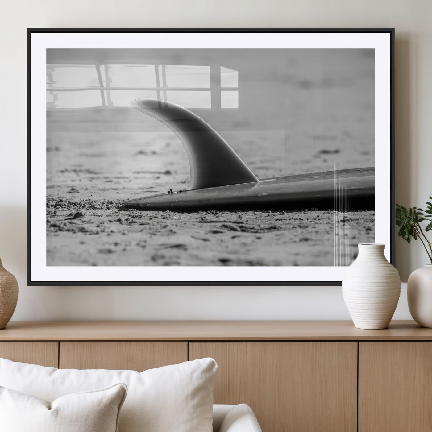 MGC-FP-36x24 - Black White Surfboard Wall Art Canvas Print, Framed Minimalist Beach Art Picture Print, Surf Fin Perfect Minimalist Coastal Decor Artwork