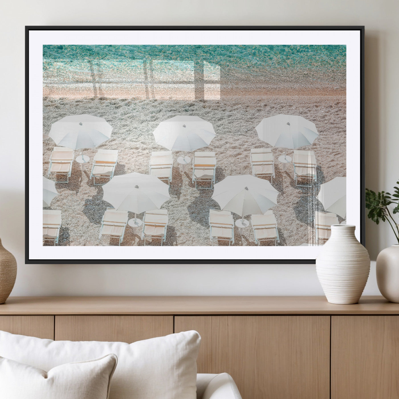 MGC-FP-36x24 - Calm Beach Wall Art Canvas Print, Framed Turquoise Water Art Picture Print, Umbrella Shoreline Perfect Coastal Minimalist Decor Artwork