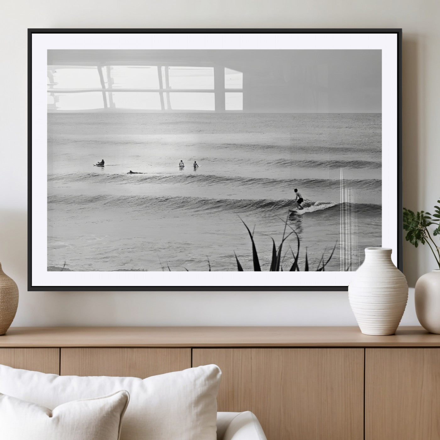 33821421-MGV-CV-36X24-Surfer Silhouette Wall Art – Framed Calm Ocean Canvas Artwork, Monochrome Minimal Design, Modern Coastal Decor for Home, Office