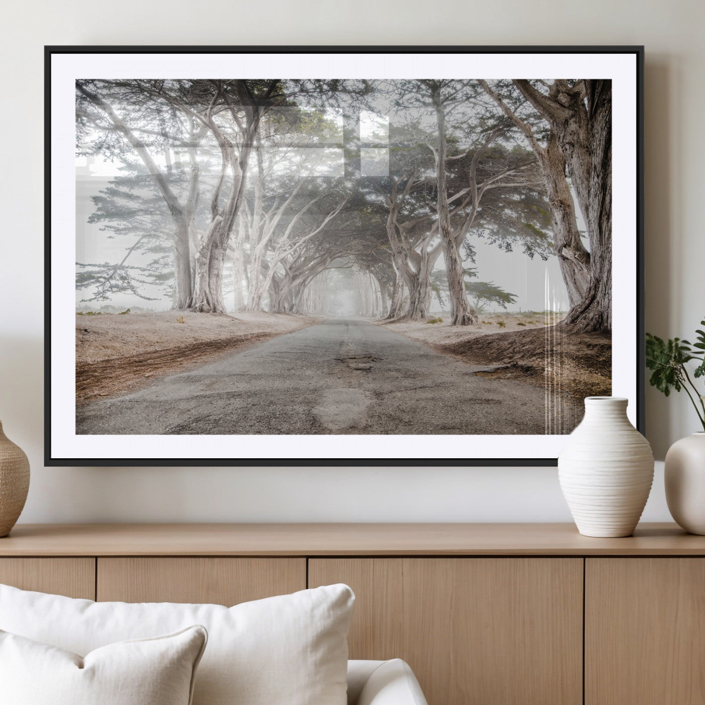 87090469-MGV-CV-36X24-Cypress Tunnel Wall Art – Framed Misty Road Canvas Artwork, Foggy Trees Design, Rustic Woodland Nature Decor for Home, Office