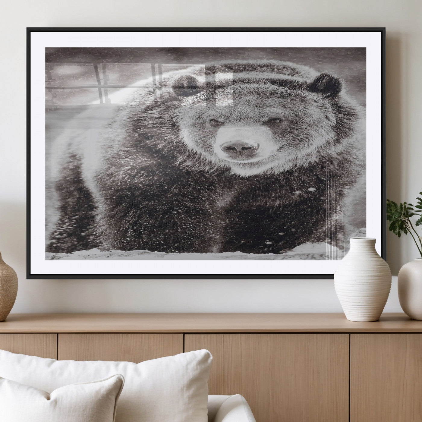 Snow-covered grizzly bear in black and white, ideal for rustic lodge, cabin or wildlife-themed home wall decor.