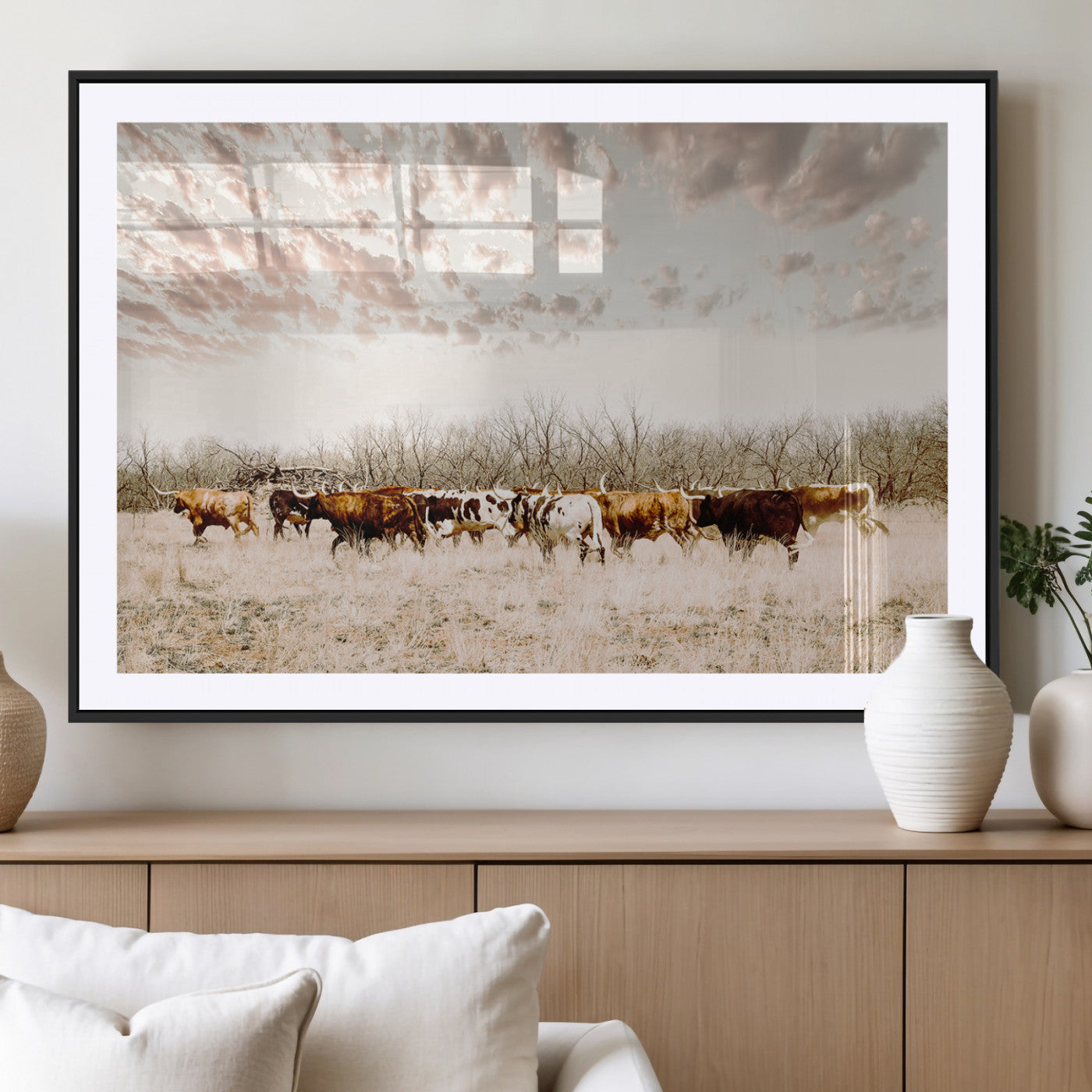 64892775-MGV-CV-36X24 - Longhorn Cattle Wall Art Canvas Print, Framed Texas Ranch Art Picture Print, Western Cow Perfect Western Decor Artwork
