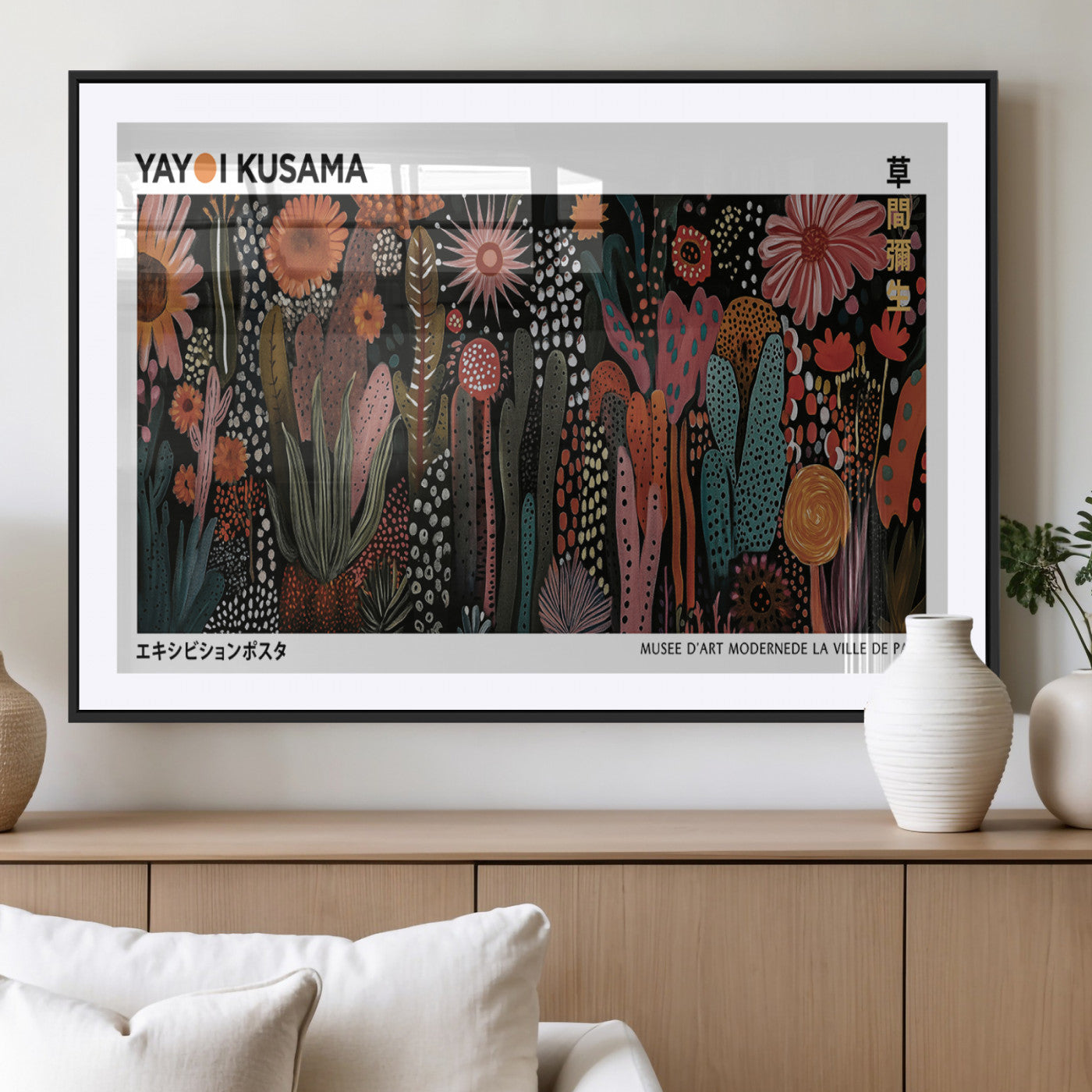 70632622-MGV-CV-36X24-Modern Japanese Wall Art Canvas Print – Framed Abstract Mount Fuji Scene with Yayoi Kusama Artwork for Home, Office