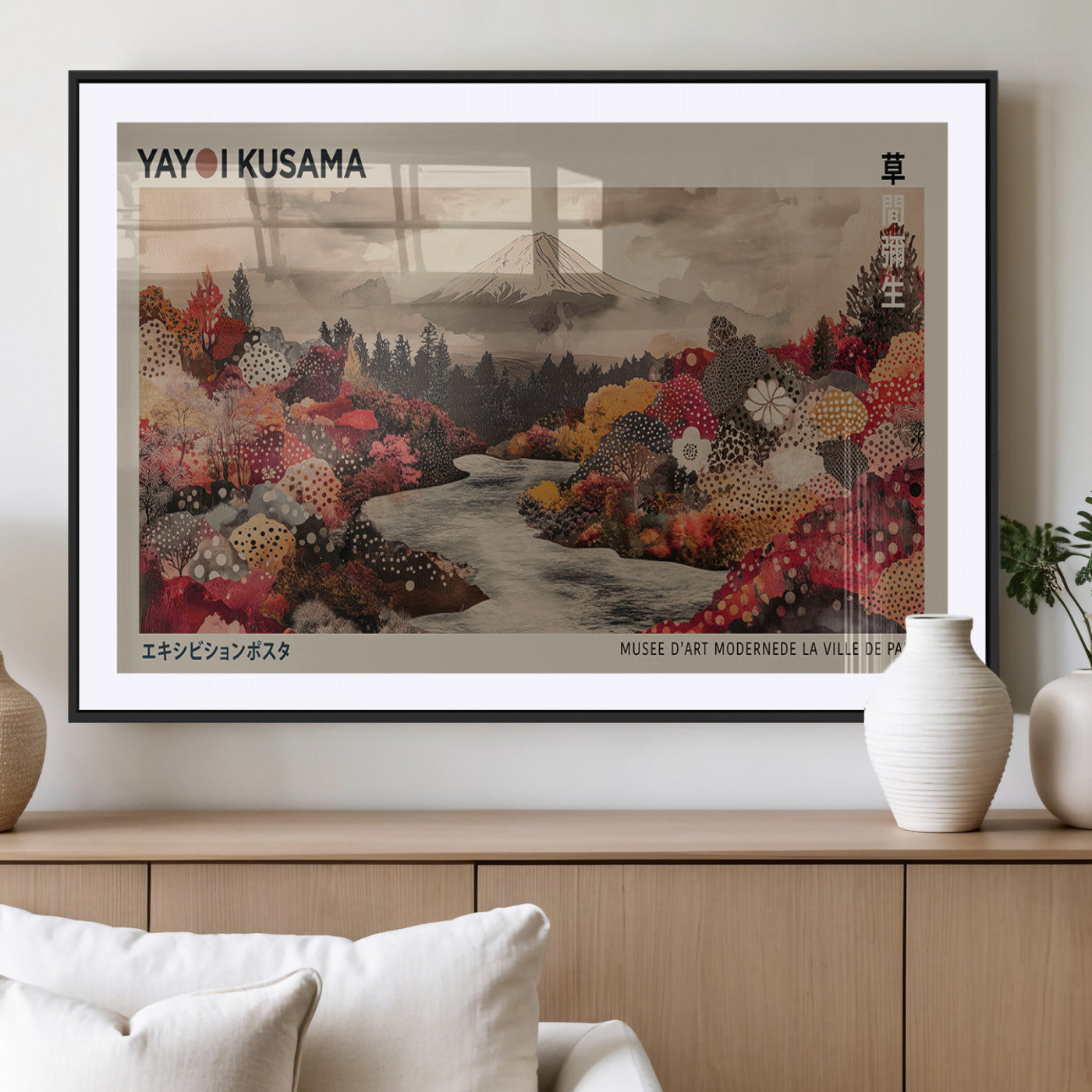 90660838-MGV-CV-36X24-Modern Japanese Wall Art Canvas Print – Framed Abstract Mount Fuji Scene with Yayoi Kusama Artwork for Home, Office