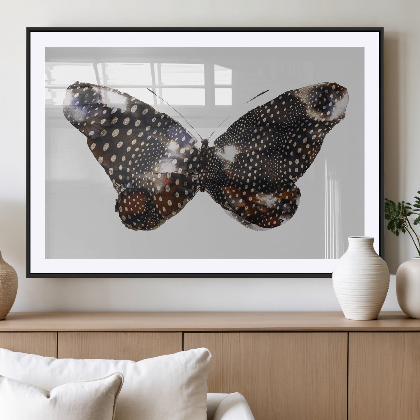 99831147-MGC-FP-36x24_Black-Spotted Butterfly Wall Art Canvas Print – Framed Neutral Insect Earthy Wing Pattern Modern Rustic Nature Artwork for Home Office