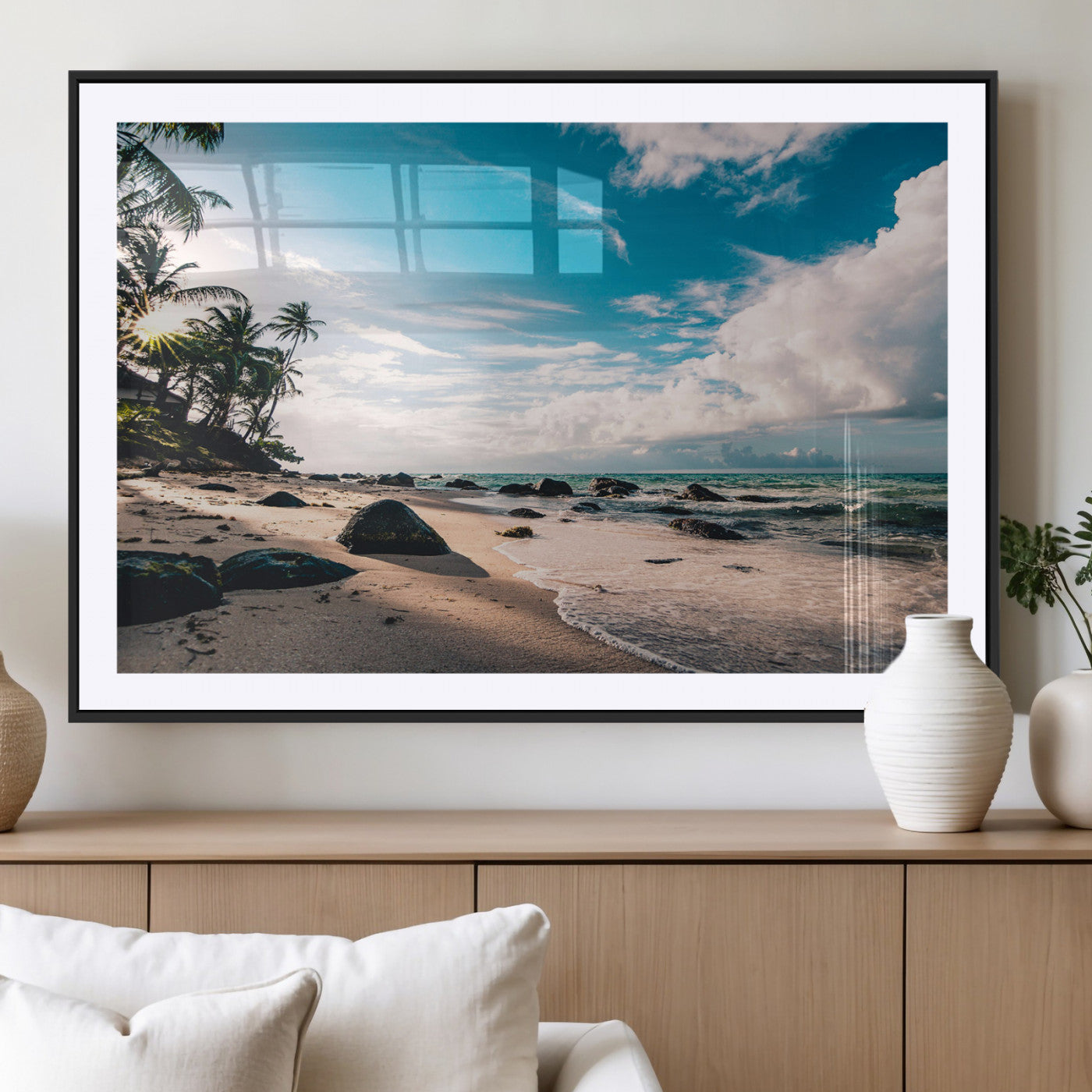 95301406-MGC-FP-36x24_Black-Tropical Beach Wall Art Canvas Print – Framed Ocean Waves Relaxing Seascape Coastal Nature Scene Artwork for Home Office